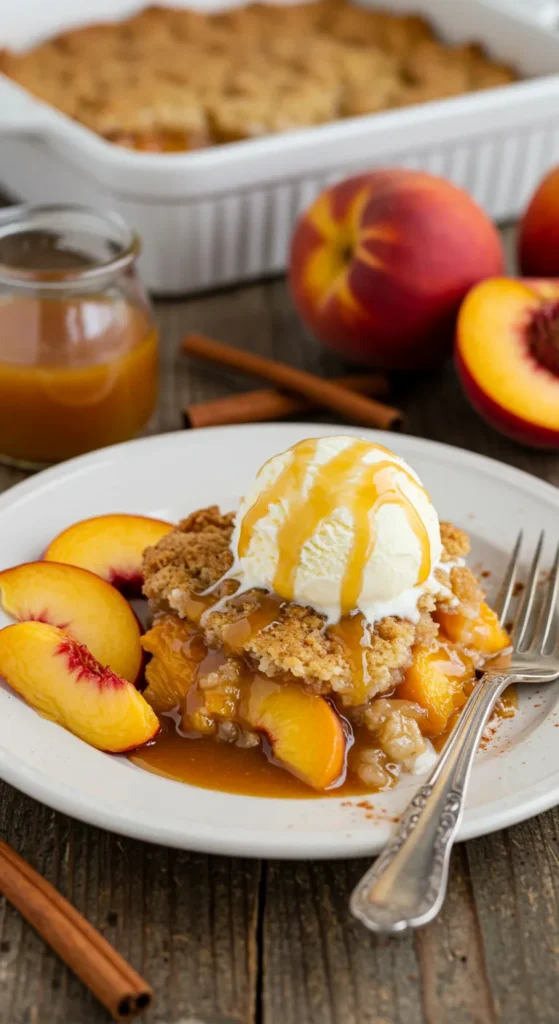 A warm, golden-brown peach cobbler with a crumbly crust, topped with melting vanilla ice cream and drizzled with caramel sauce, garnished with fresh peach slices and a sprinkle of cinnamon. Served on a rustic wooden table with a basket of peaches in the background.