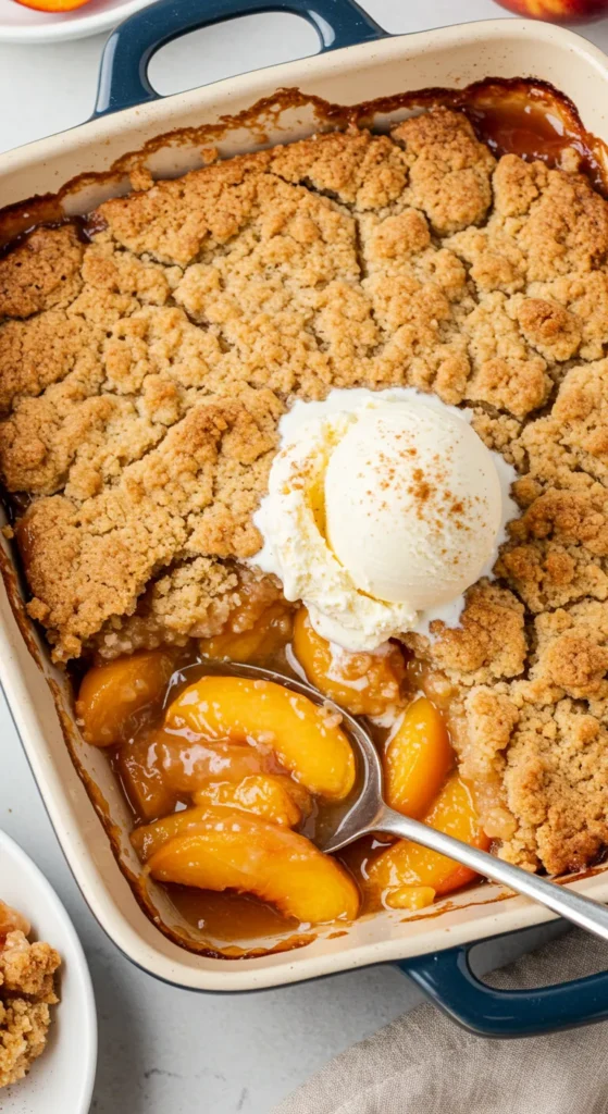 A golden peach cobbler made with cake mix, served warm in a rustic dish, topped with a scoop of melting vanilla ice cream and a sprinkle of cinnamon.