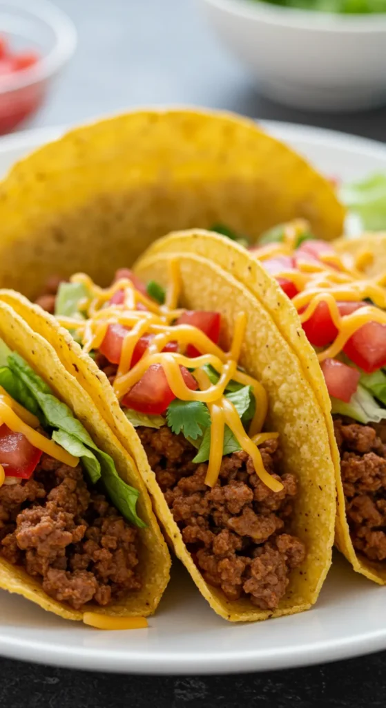 A plate of freshly made tacos filled with seasoned ground beef, melted cheese, crisp lettuce, and diced tomatoes, served with sides of salsa and guacamole.