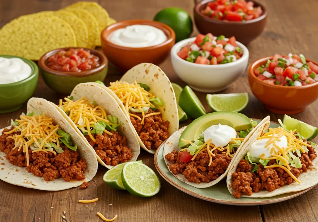 "A wooden table with a delicious spread of beef tacos topped with lettuce, tomatoes, cheese, sour cream, and avocado, accompanied by bowls of salsa, guacamole, and lime wedges."