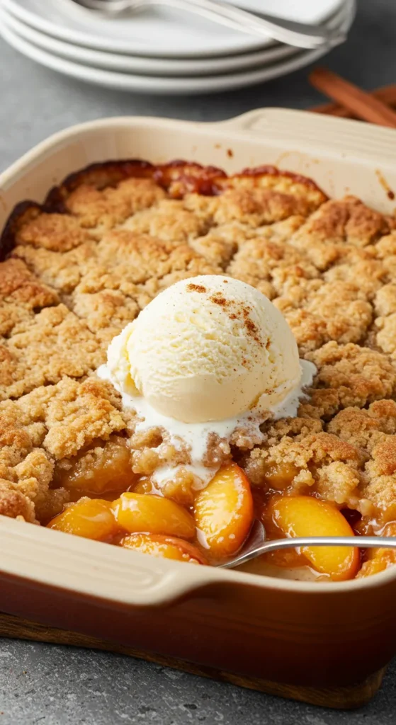 A golden peach cobbler made with cake mix, served warm in a rustic dish, topped with a scoop of melting vanilla ice cream and a sprinkle of cinnamon.