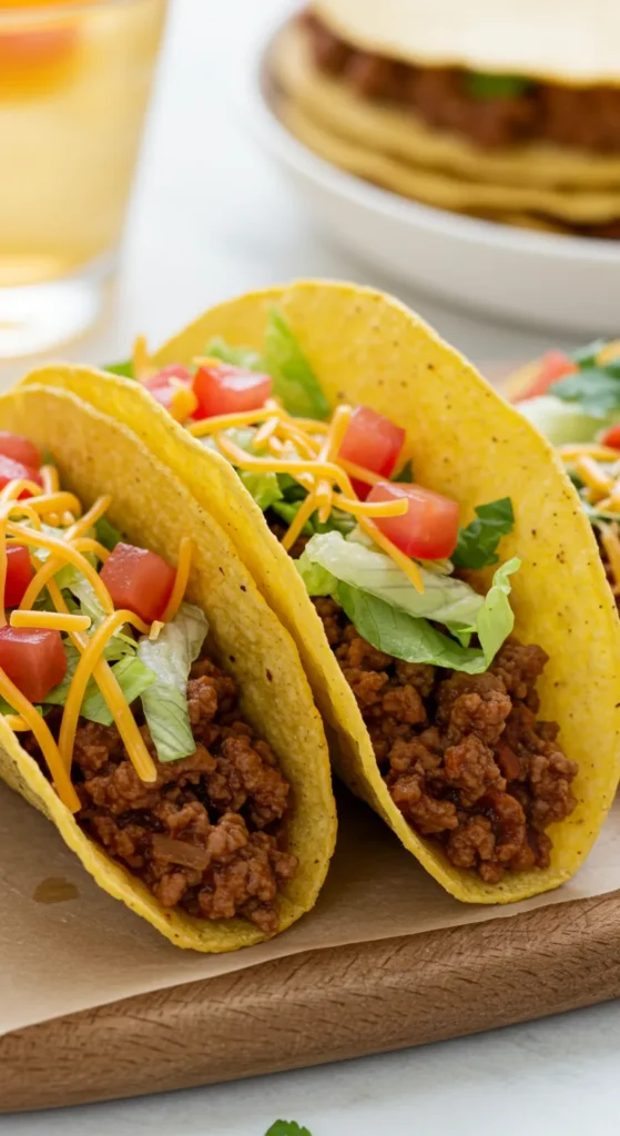 A plate of freshly made tacos filled with seasoned ground beef, melted cheese, crisp lettuce, and diced tomatoes, served with sides of salsa and guacamole.