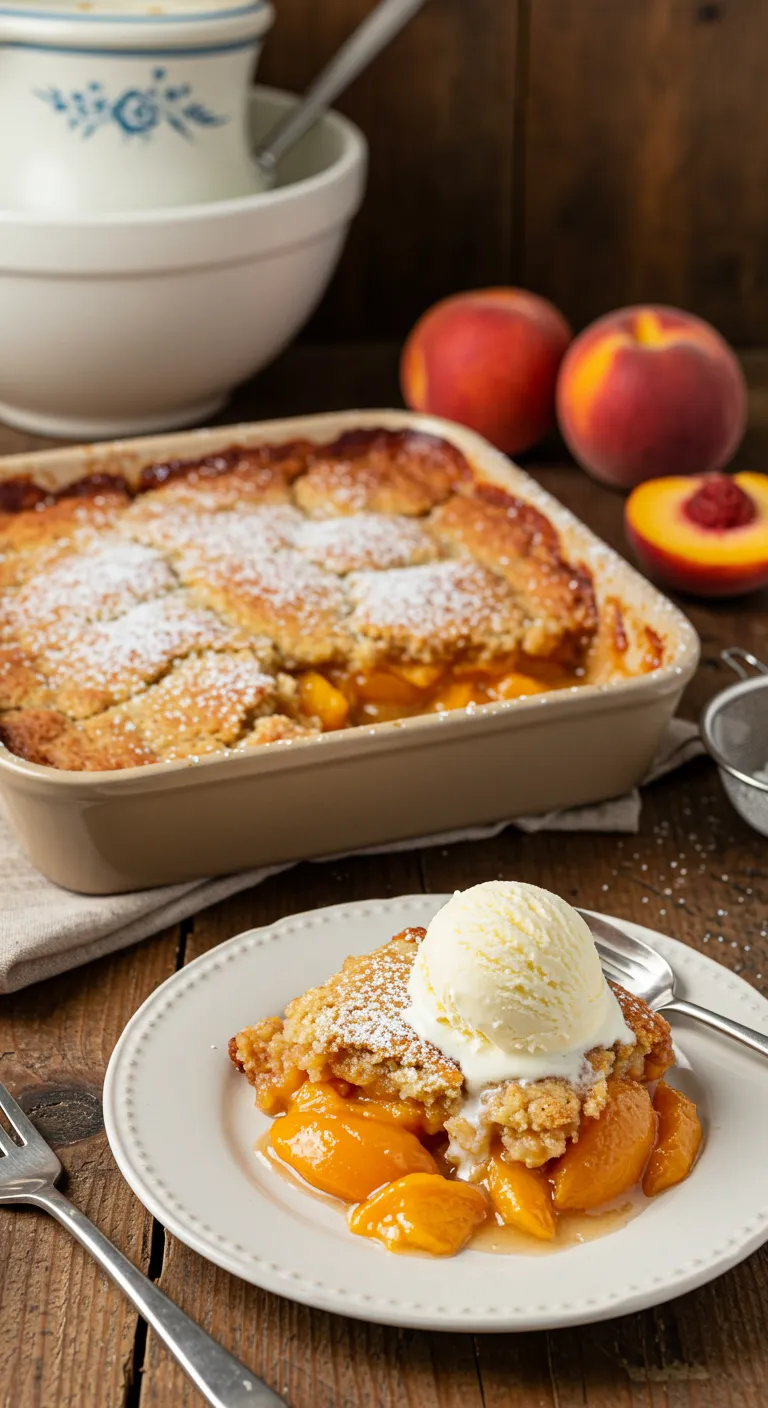 A golden-brown peach cobbler served in a rustic baking dish, with vibrant peach slices peeking through the crust. A scoop of vanilla ice cream melts over a serving on a white plate, creating a cozy, inviting presentation. Fresh peaches and a mixing bowl sit in the background.