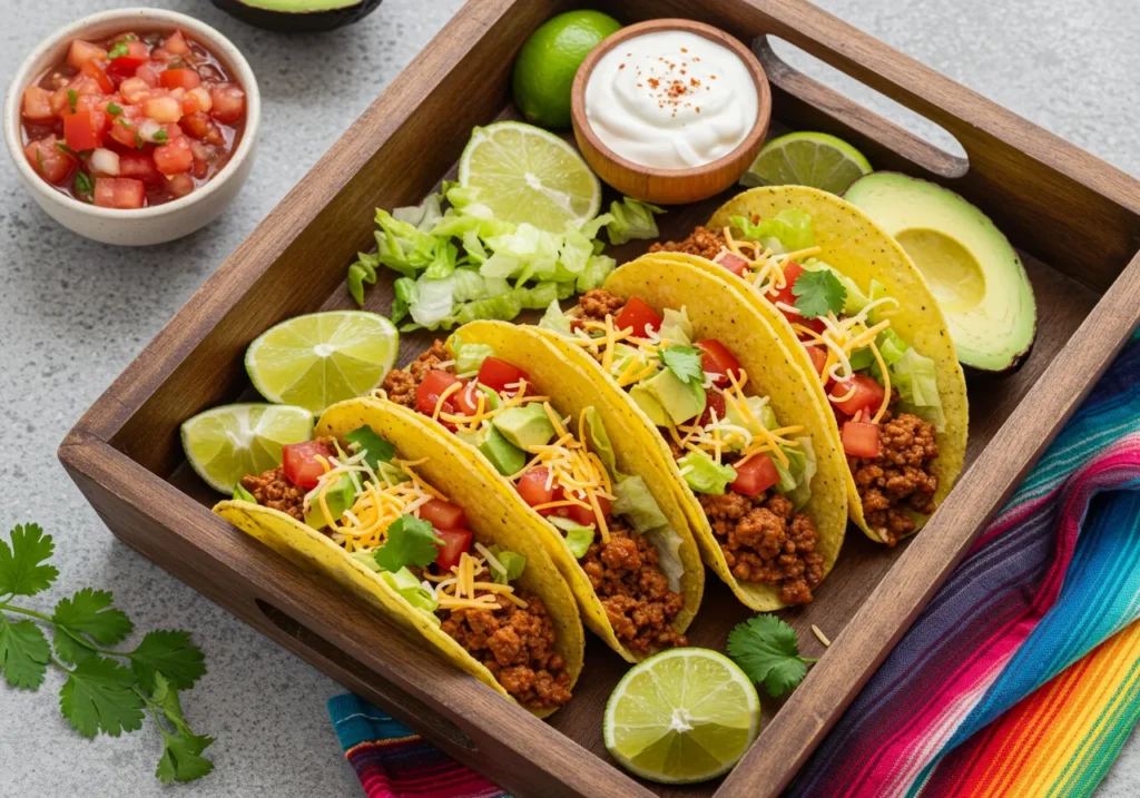 A close-up of freshly made tacos filled with seasoned ground beef, crisp lettuce, diced tomatoes, shredded cheese, and garnished with cilantro. Served on a rustic wooden tray with sides of salsa, lime wedges, and avocado slices.