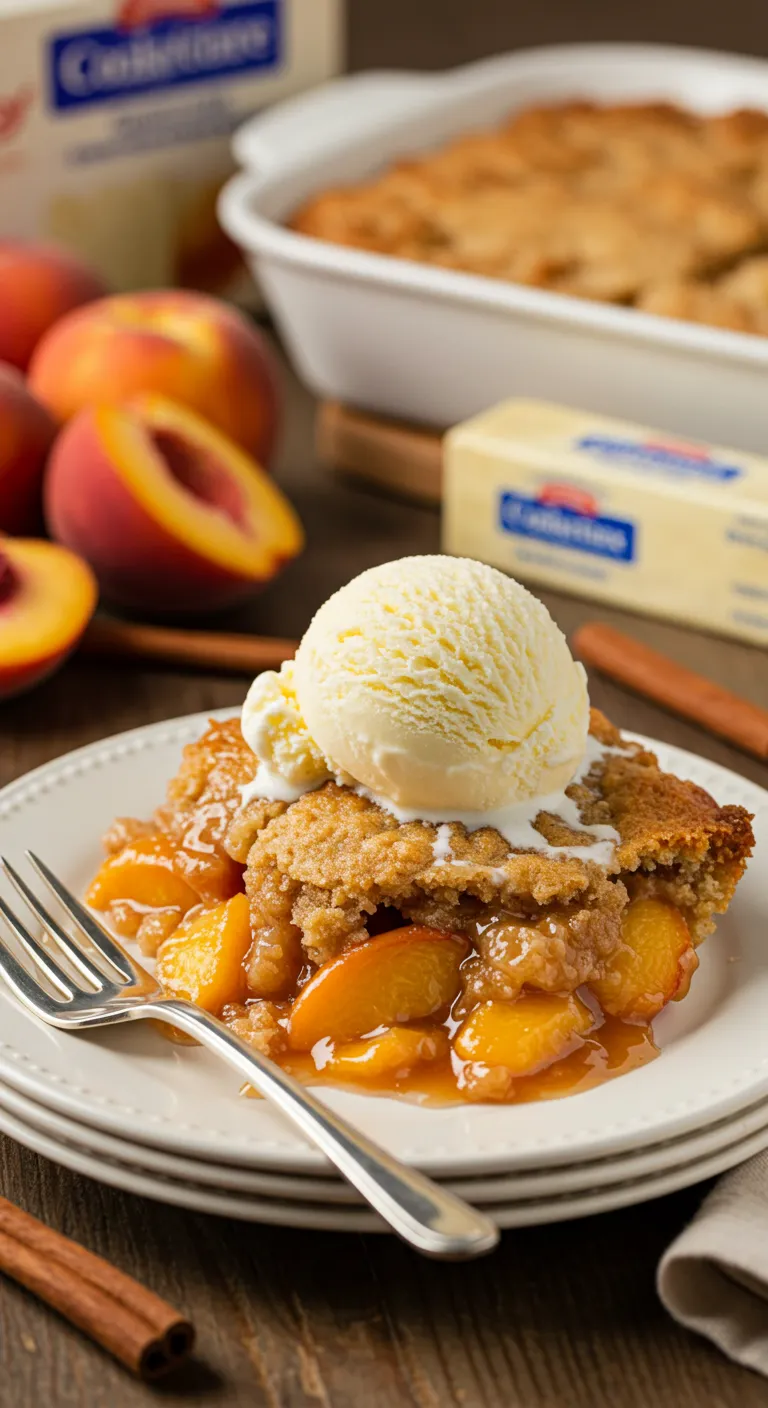 A golden-brown peach cobbler dump cake with bubbling peach filling, topped with a scoop of melting vanilla ice cream, garnished with cinnamon and caramel sauce, served on a rustic wooden table.