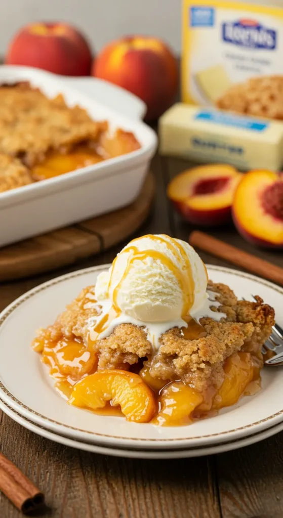 A golden-brown peach cobbler dump cake with bubbling peach filling, topped with a scoop of melting vanilla ice cream, garnished with cinnamon and caramel sauce, served on a rustic wooden table.