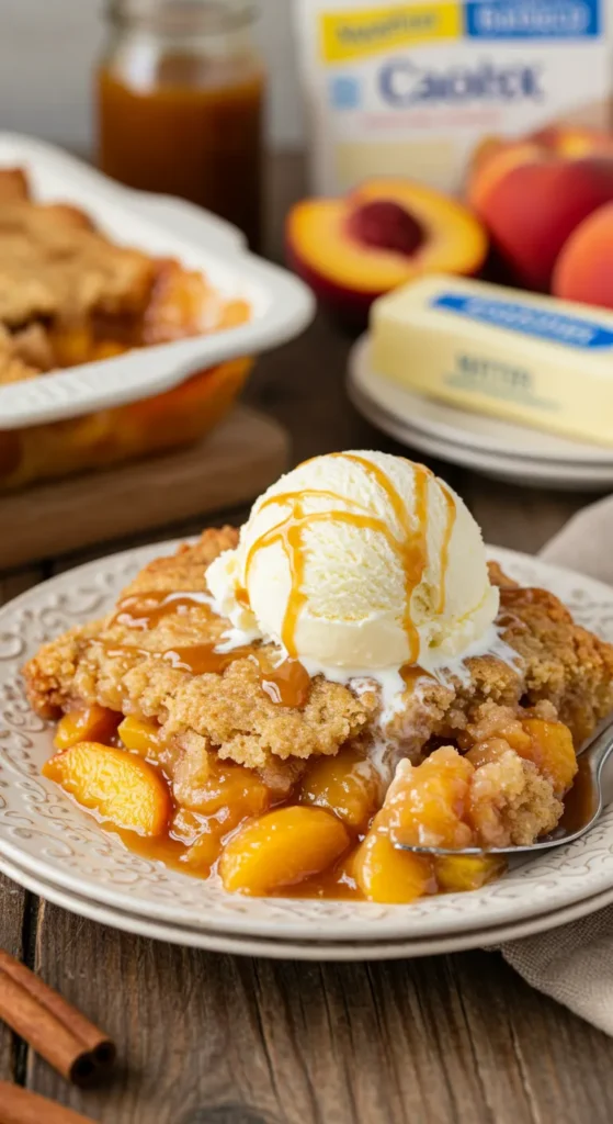 A golden-brown peach cobbler dump cake with bubbling peach filling, topped with a scoop of melting vanilla ice cream, garnished with cinnamon and caramel sauce, served on a rustic wooden table.