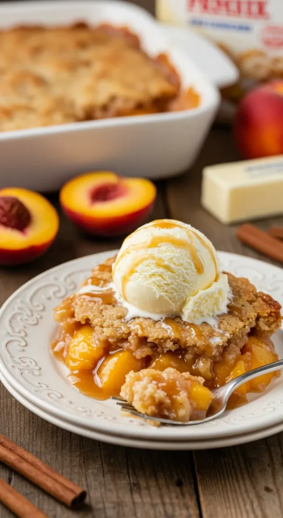 A golden-brown peach cobbler dump cake with bubbling peach filling, topped with a scoop of melting vanilla ice cream, garnished with cinnamon and caramel sauce, served on a rustic wooden table.