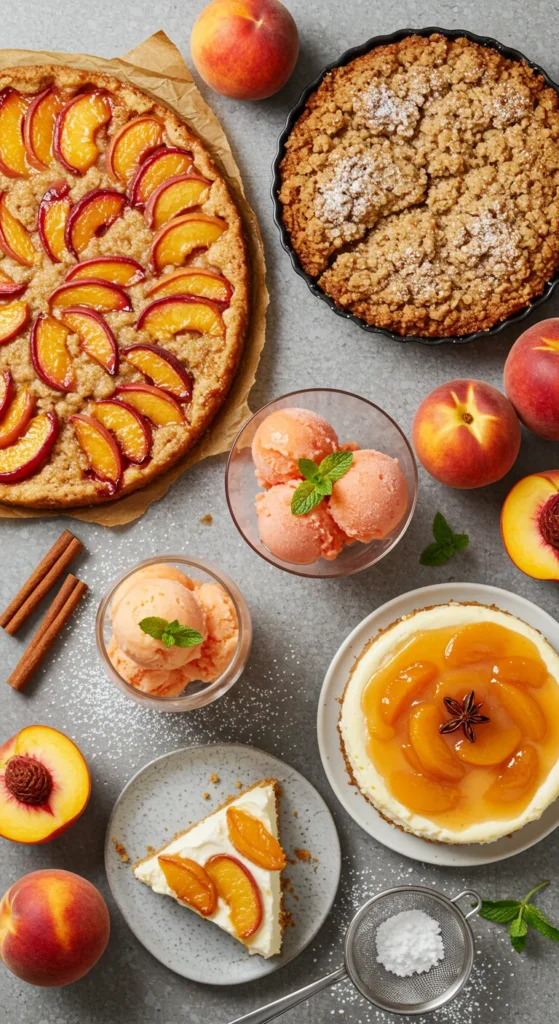 A variety of peach desserts including a rustic peach tart, peach crisp, chilled peach sorbet, and creamy peach cheesecake, arranged with fresh peaches, mint leaves, and cinnamon sticks.