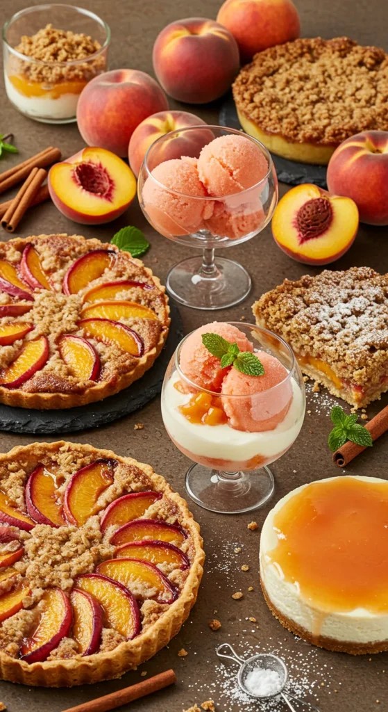 A variety of peach desserts including a rustic peach tart, peach crisp, chilled peach sorbet, and creamy peach cheesecake, arranged with fresh peaches, mint leaves, and cinnamon sticks.