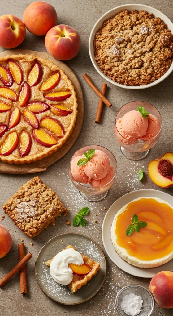 A variety of peach desserts including a rustic peach tart, peach crisp, chilled peach sorbet, and creamy peach cheesecake, arranged with fresh peaches, mint leaves, and cinnamon sticks.