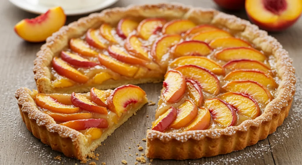 A freshly baked peach tart with a golden flaky crust, arranged with juicy peach slices in a spiral pattern, dusted with powdered sugar and served with a dollop of whipped cream on the side.