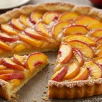 A freshly baked peach tart with a golden flaky crust, arranged with juicy peach slices in a spiral pattern, dusted with powdered sugar and served with a dollop of whipped cream on the side.