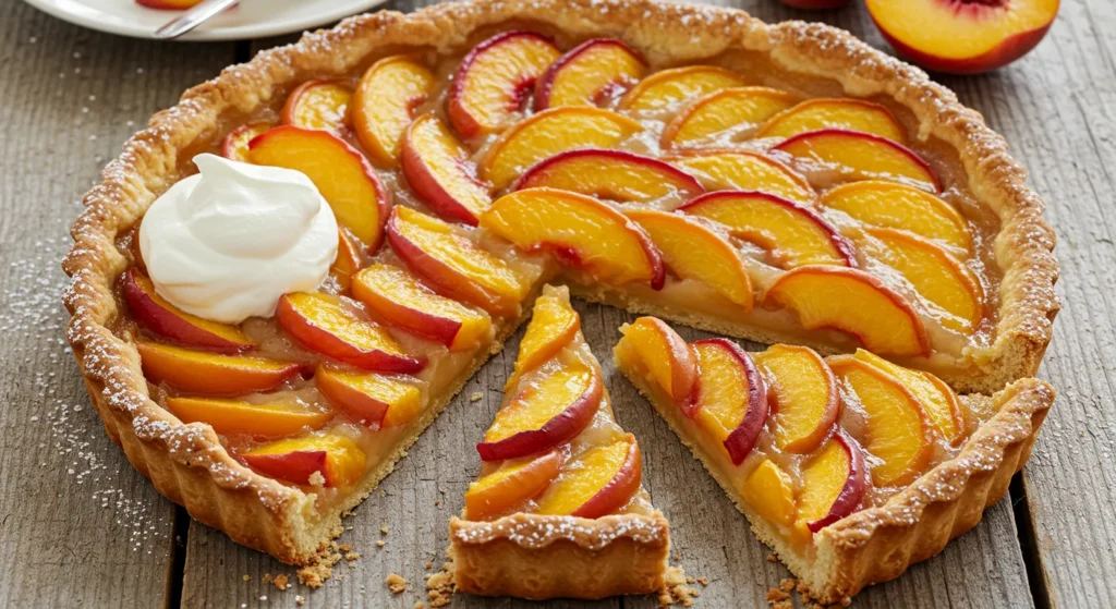 A freshly baked peach tart with a golden flaky crust, arranged with juicy peach slices in a spiral pattern, dusted with powdered sugar and served with a dollop of whipped cream on the side.