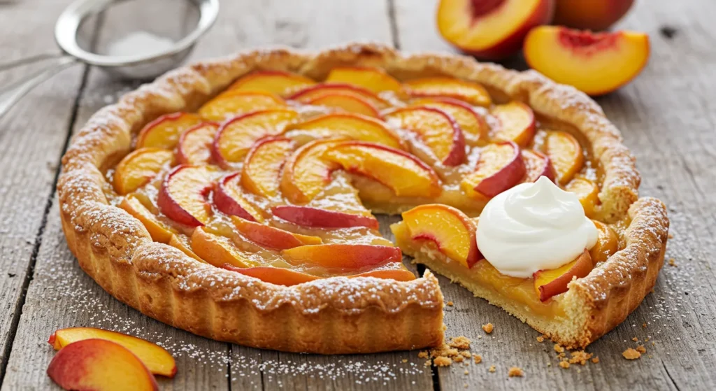 A freshly baked peach tart with a golden flaky crust, arranged with juicy peach slices in a spiral pattern, dusted with powdered sugar and served with a dollop of whipped cream on the side.