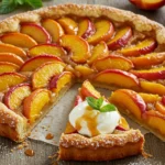 A freshly baked peach tart with a golden, flaky crust and glossy caramelized peach slices, served on a rustic wooden table with powdered sugar, whipped cream, and a drizzle of caramel sauce.