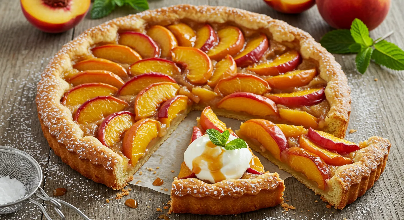 A freshly baked peach tart with a golden, flaky crust and glossy caramelized peach slices, served on a rustic wooden table with powdered sugar, whipped cream, and a drizzle of caramel sauce.