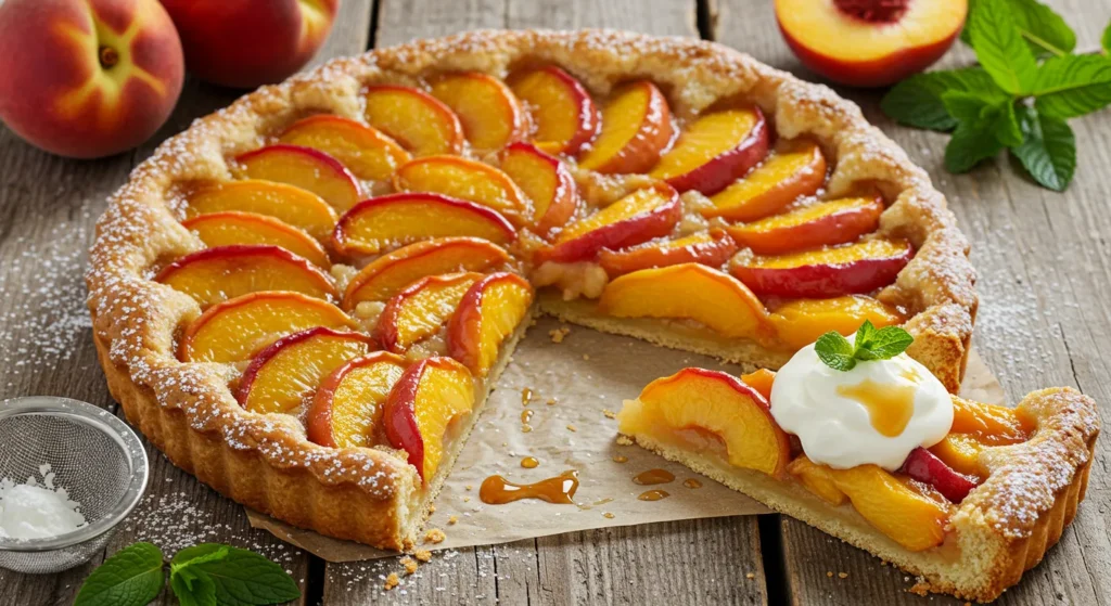 A freshly baked peach tart with a golden, flaky crust and glossy caramelized peach slices, served on a rustic wooden table with powdered sugar, whipped cream, and a drizzle of caramel sauce.