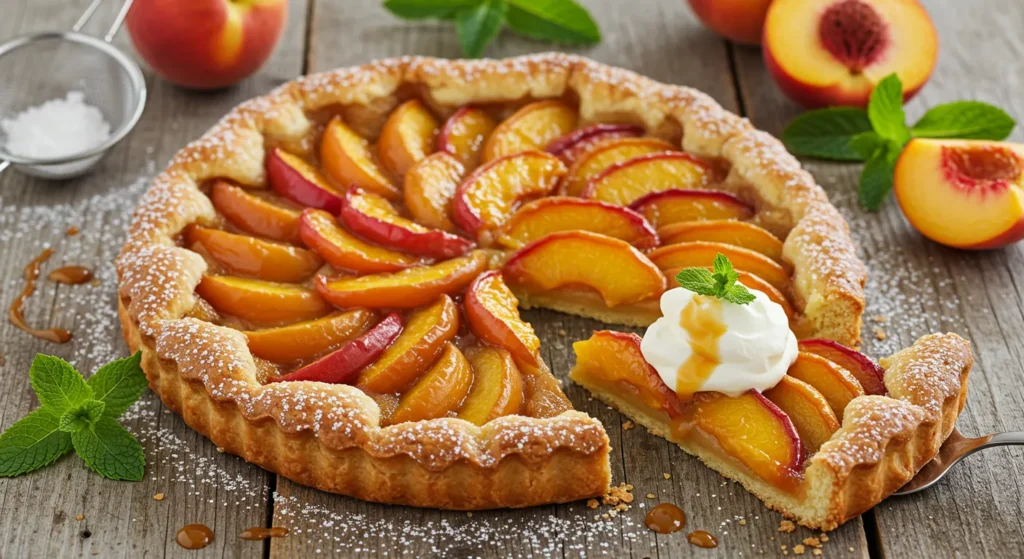 A freshly baked peach tart with a golden, flaky crust and glossy caramelized peach slices, served on a rustic wooden table with powdered sugar, whipped cream, and a drizzle of caramel sauce.