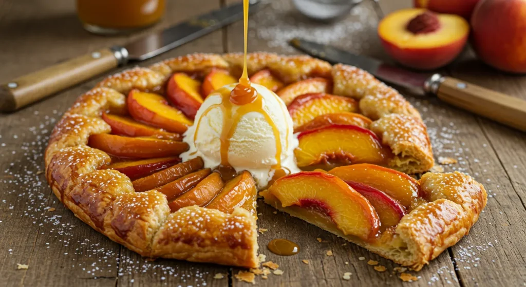 A caramelized peach tarte tatin with a golden glaze, served with a scoop of vanilla ice cream and a drizzle of caramel sauce on a rustic wooden table