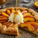 A caramelized peach tarte tatin with a golden glaze, served with a scoop of vanilla ice cream and a drizzle of caramel sauce on a rustic wooden table