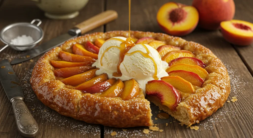 A caramelized peach tarte tatin with a golden glaze, served with a scoop of vanilla ice cream and a drizzle of caramel sauce on a rustic wooden table