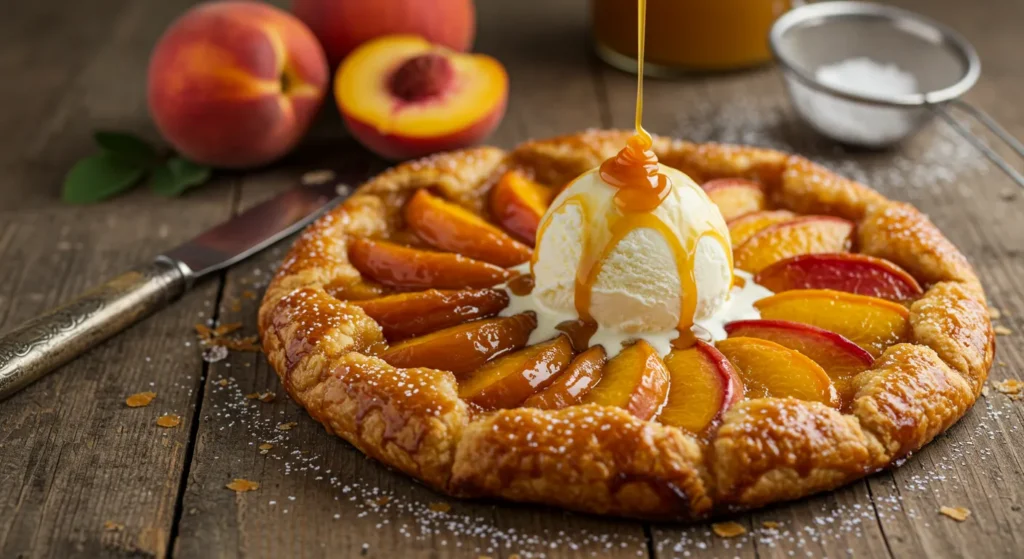 A caramelized peach tarte tatin with a golden glaze, served with a scoop of vanilla ice cream and a drizzle of caramel sauce on a rustic wooden table