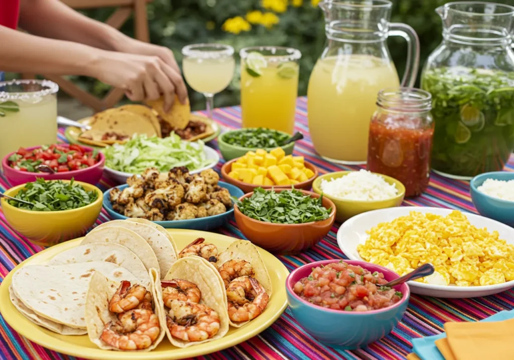 A festive Taco Tuesday setup featuring a colorful taco bar with tortillas, grilled shrimp, roasted cauliflower, scrambled eggs, and a variety of fresh toppings like salsa, shredded lettuce, cheese, and mango salsa. Guests are building tacos at a lively table adorned with vibrant decorations, while margaritas and aguas frescas in glass pitchers complete the scene.