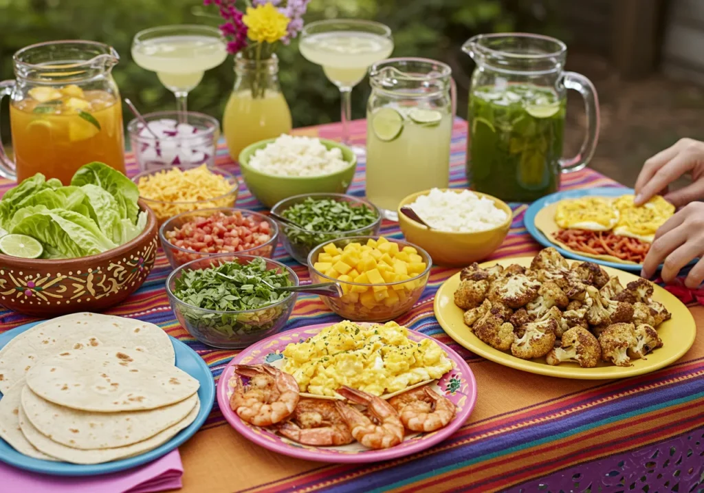 A festive Taco Tuesday setup featuring a colorful taco bar with tortillas, grilled shrimp, roasted cauliflower, scrambled eggs, and a variety of fresh toppings like salsa, shredded lettuce, cheese, and mango salsa. Guests are building tacos at a lively table adorned with vibrant decorations, while margaritas and aguas frescas in glass pitchers complete the scene.