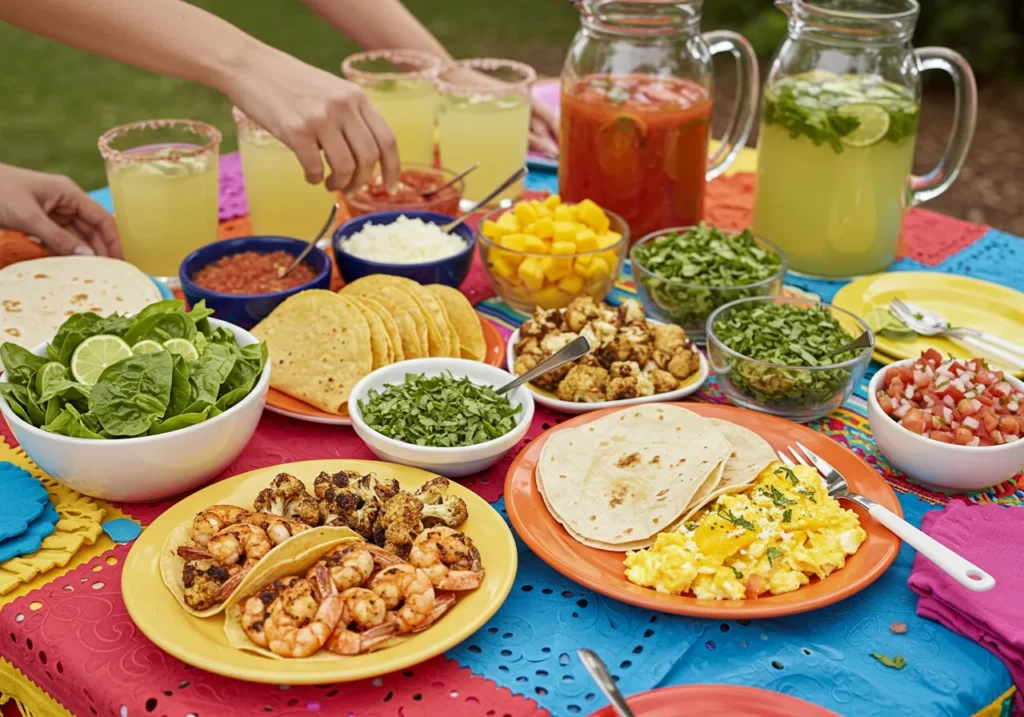 A festive Taco Tuesday setup featuring a colorful taco bar with tortillas, grilled shrimp, roasted cauliflower, scrambled eggs, and a variety of fresh toppings like salsa, shredded lettuce, cheese, and mango salsa. Guests are building tacos at a lively table adorned with vibrant decorations, while margaritas and aguas frescas in glass pitchers complete the scene.