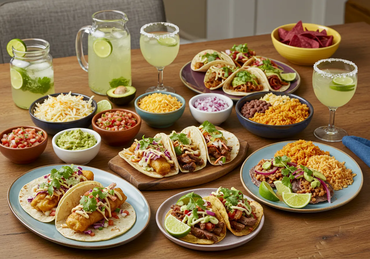 A vibrant taco spread featuring various taco types, including fish, carne asada, and vegetarian options, surrounded by bowls of salsa, guacamole, shredded cheese, lime wedges, and refreshing drinks like margaritas and agua fresca. A festive table setting with Mexican rice and refried beans completes the scene.