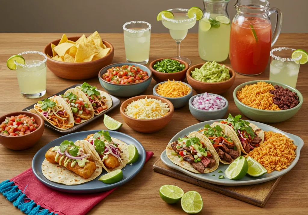 A vibrant taco spread featuring various taco types, including fish, carne asada, and vegetarian options, surrounded by bowls of salsa, guacamole, shredded cheese, lime wedges, and refreshing drinks like margaritas and agua fresca. A festive table setting with Mexican rice and refried beans completes the scene.