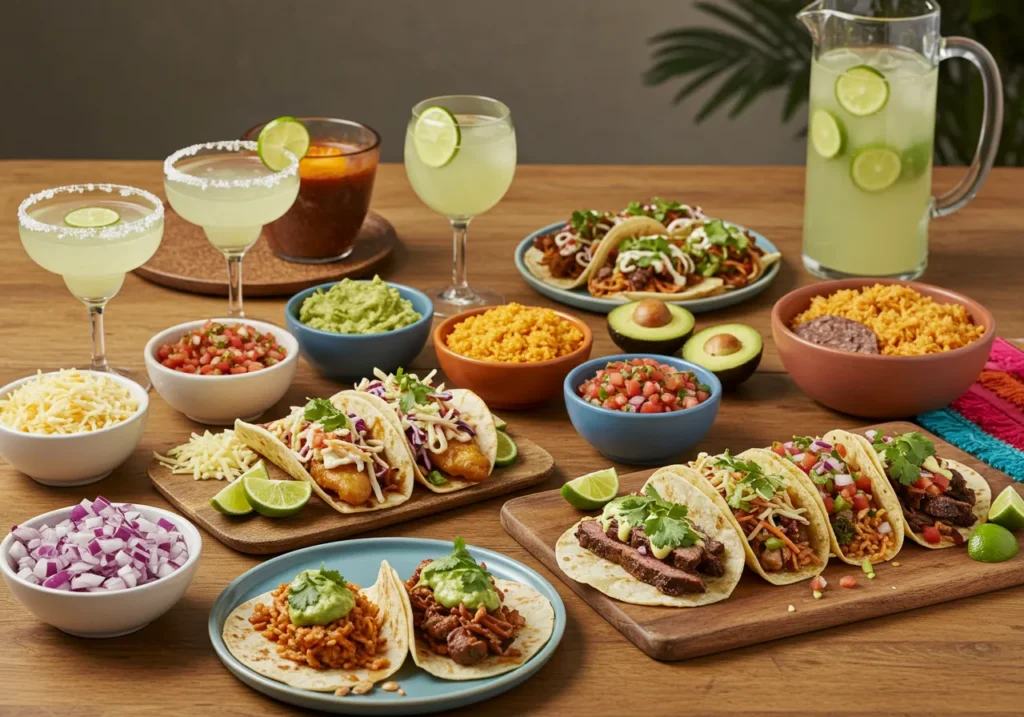 A vibrant taco spread featuring various taco types, including fish, carne asada, and vegetarian options, surrounded by bowls of salsa, guacamole, shredded cheese, lime wedges, and refreshing drinks like margaritas and agua fresca. A festive table setting with Mexican rice and refried beans completes the scene.