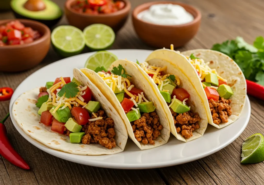 A colorful plate of freshly prepared tacos filled with seasoned ground beef, shredded lettuce, diced tomatoes, avocado slices, and grated cheese, served on warm tortillas with lime wedges, salsa, and guacamole on the side.