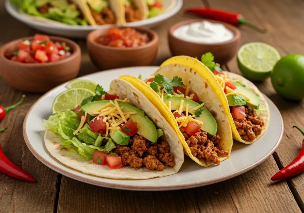 A colorful plate of freshly prepared tacos filled with seasoned ground beef, shredded lettuce, diced tomatoes, avocado slices, and grated cheese, served on warm tortillas with lime wedges, salsa, and guacamole on the side.