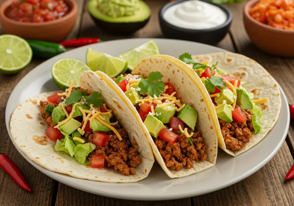 A colorful plate of freshly prepared tacos filled with seasoned ground beef, shredded lettuce, diced tomatoes, avocado slices, and grated cheese, served on warm tortillas with lime wedges, salsa, and guacamole on the side.