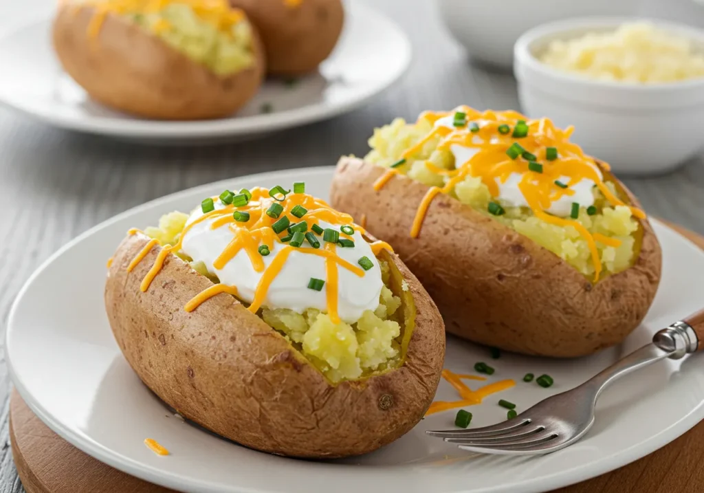 Golden, creamy twice-baked potatoes garnished with green onions.