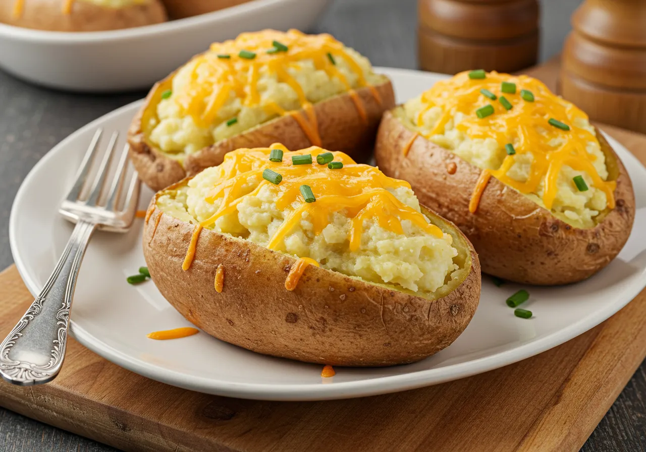 Golden, creamy twice-baked potatoes garnished with green onions.