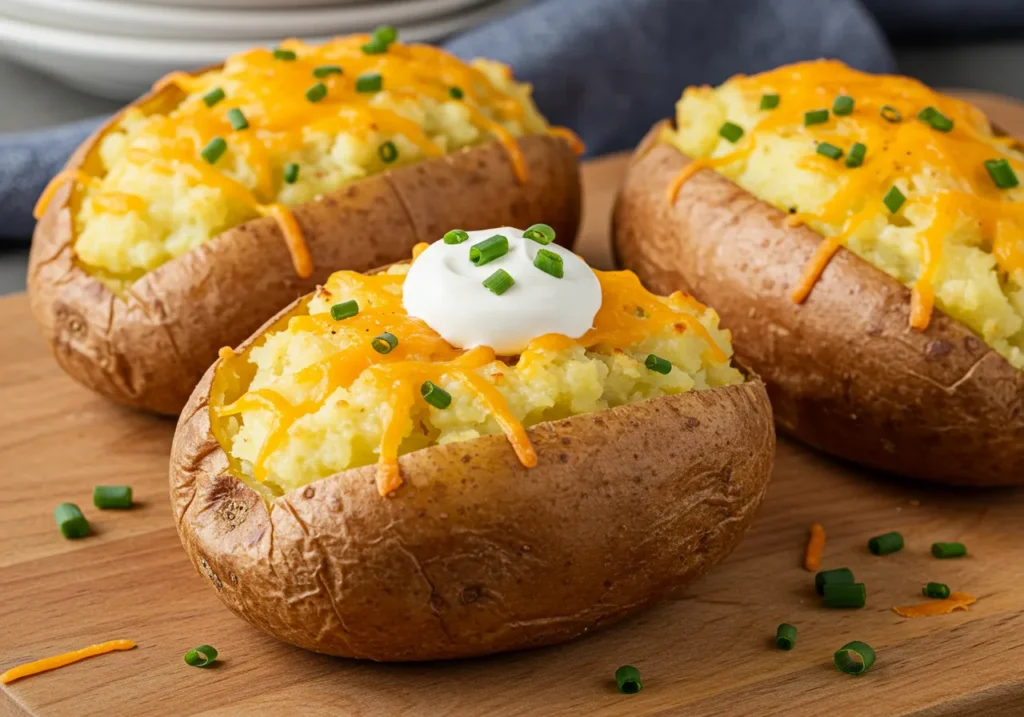 Golden, creamy twice-baked potatoes garnished with green onions.