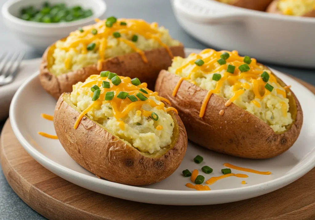 Golden, creamy twice-baked potatoes garnished with green onions.