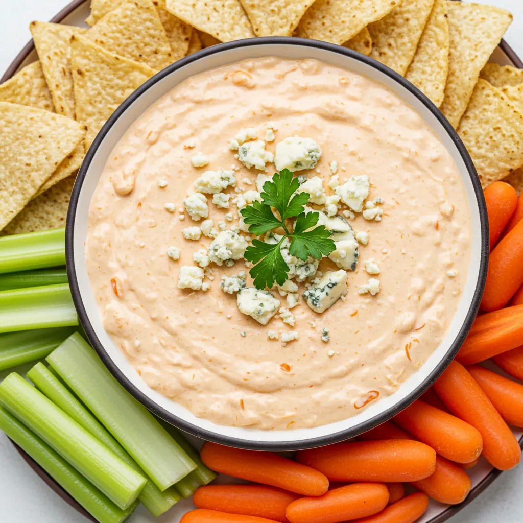 A creamy bowl of Buffalo Blue Cheese Dip, topped with crumbled blue cheese and fresh parsley. Surrounded by crunchy tortilla chips, celery sticks, and carrot slices, the smooth and velvety dip highlights its rich texture and spicy flavor.