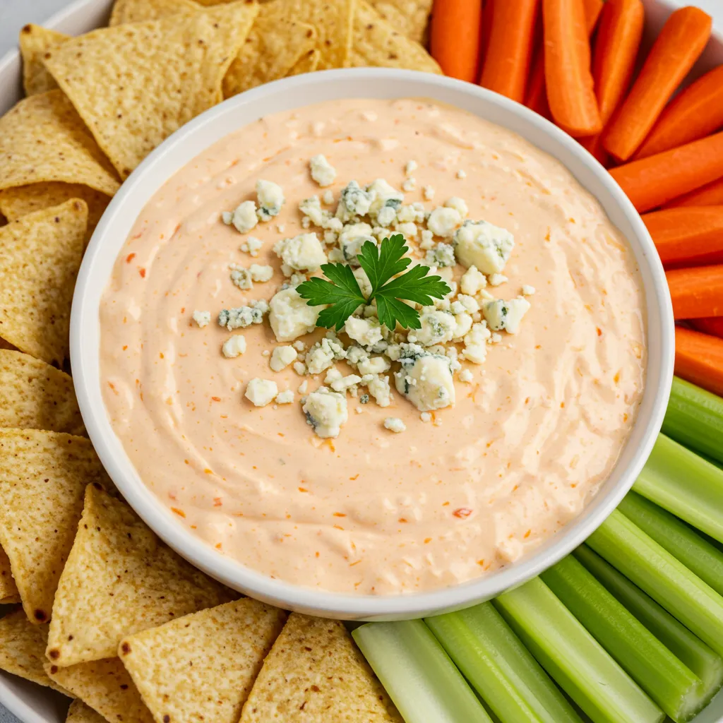 A creamy bowl of Buffalo Blue Cheese Dip, topped with crumbled blue cheese and fresh parsley. Surrounded by crunchy tortilla chips, celery sticks, and carrot slices, the smooth and velvety dip highlights its rich texture and spicy flavor.