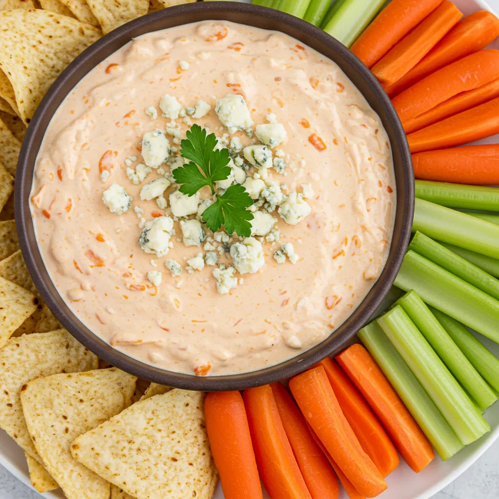 A creamy bowl of Buffalo Blue Cheese Dip, topped with crumbled blue cheese and fresh parsley. Surrounded by crunchy tortilla chips, celery sticks, and carrot slices, the smooth and velvety dip highlights its rich texture and spicy flavor.