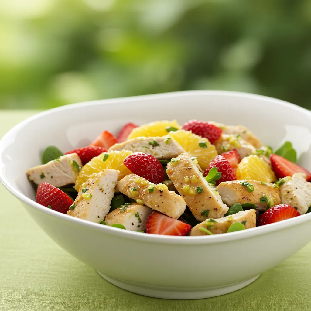 Citrus-Infused Chicken Salad with Fresh Strawberries, served on a plate with vibrant greens and a light dressing.