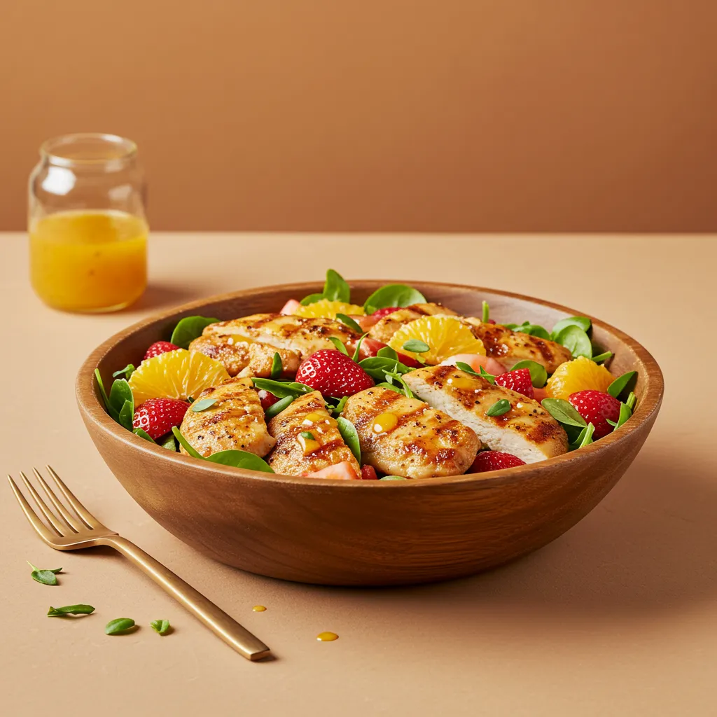 Citrus-Infused Chicken Salad with Fresh Strawberries, served on a plate with vibrant greens and a light dressing.