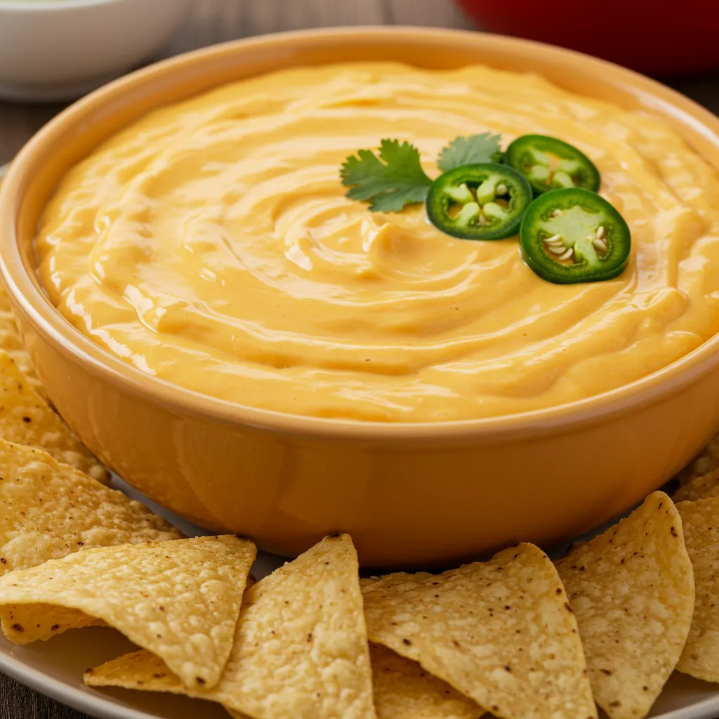 Bowl of creamy Velveeta cheese dip (queso dip) surrounded by tortilla chips, garnished with jalapeño slices and fresh cilantro.