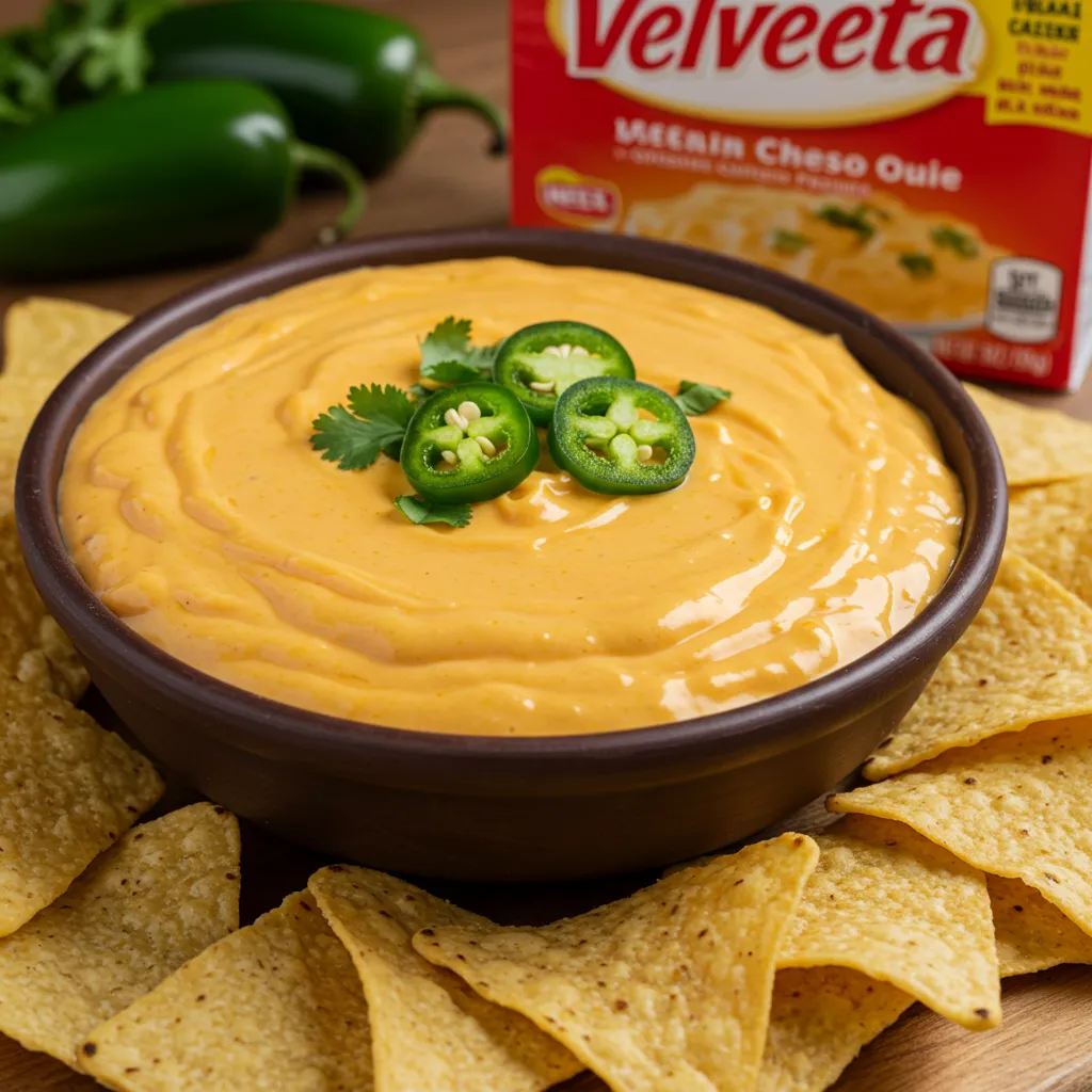 Bowl of creamy Velveeta cheese dip (queso dip) surrounded by tortilla chips, garnished with jalapeño slices and fresh cilantro.