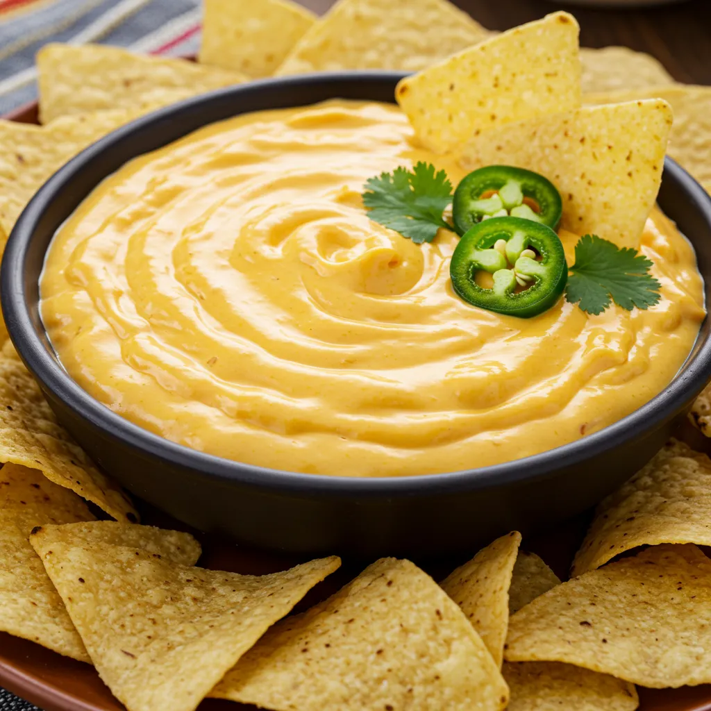 Bowl of creamy Velveeta cheese dip (queso dip) surrounded by tortilla chips, garnished with jalapeño slices and fresh cilantro.