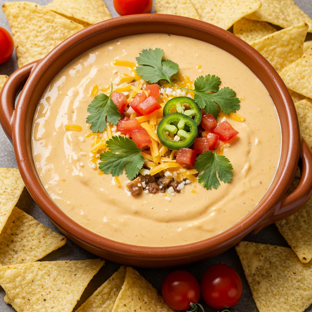 A warm bowl of creamy queso dip topped with fresh cilantro, jalapeños, and shredded cheese, surrounded by crispy tortilla chips with diced tomatoes as garnish.