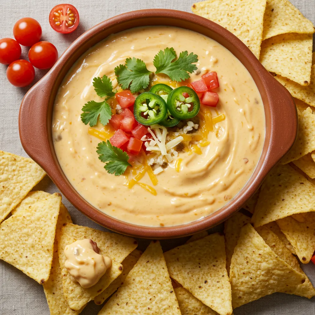 A warm bowl of creamy queso dip topped with fresh cilantro, jalapeños, and shredded cheese, surrounded by crispy tortilla chips with diced tomatoes as garnish.